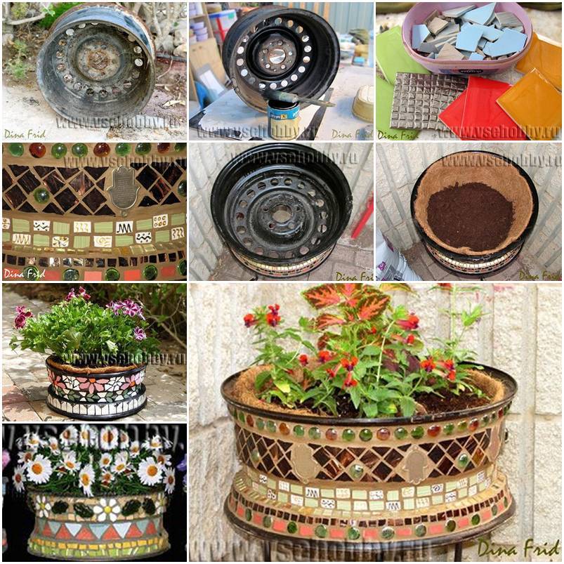 DIY Mosaic Plant Pot from Old Wheel