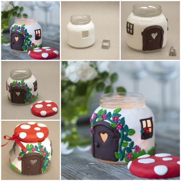 DIY Beautiful Mushroom House Candle Holder from a Jar