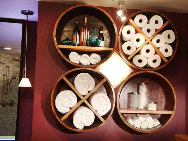 36+ Creative DIY Ideas to Upcycle Old Wine Barrels --> Wine Barrel Bathroom Storage