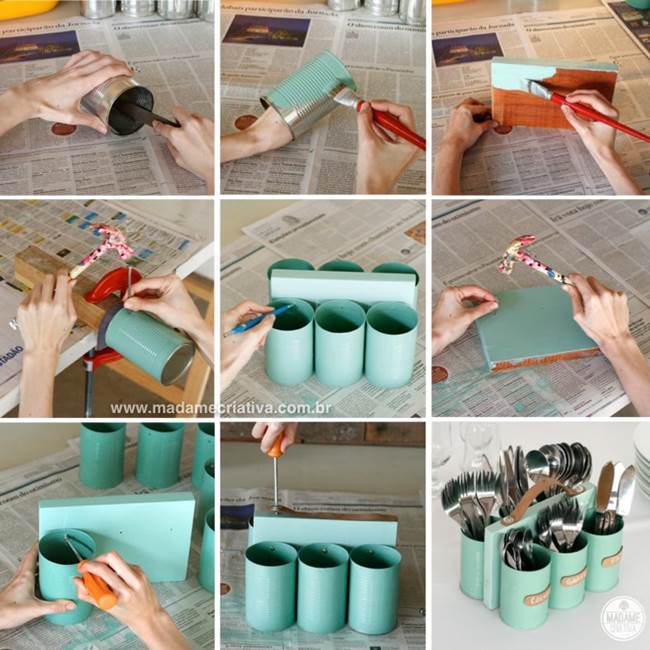 DIY Cutlery Holder from Tin Cans and Wood
