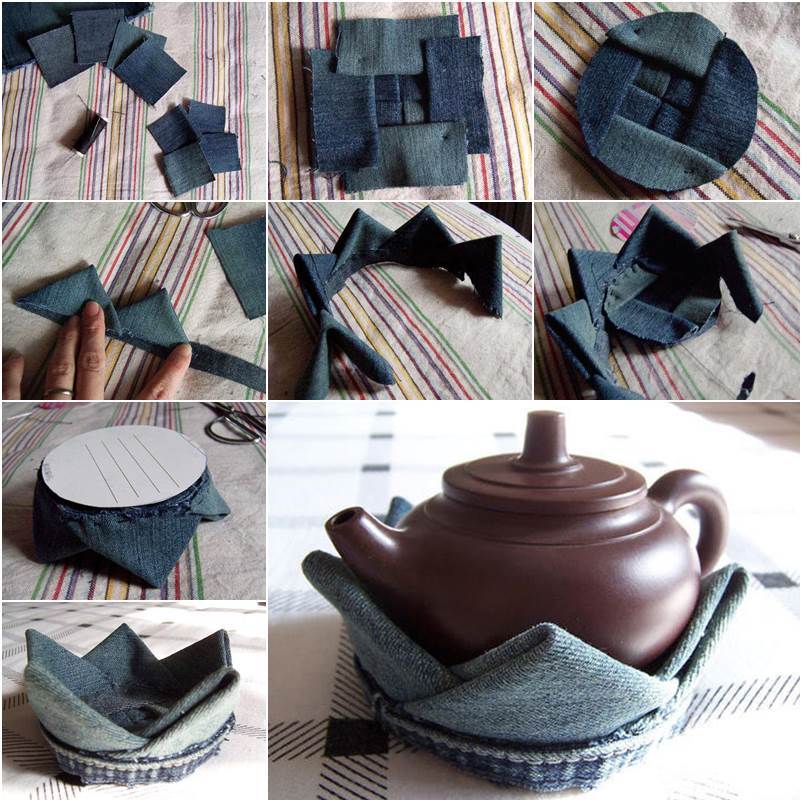DIY Lotus Flower Teapot Coaster from Old Jeans