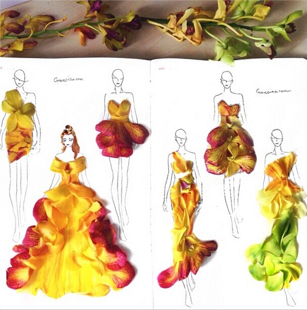 Creative Fashion Design Sketches Using Real Flower Petals