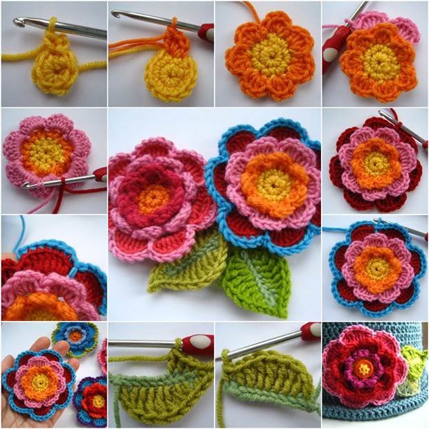 How to DIY Beautiful Crochet Layered Flowers with Leaves