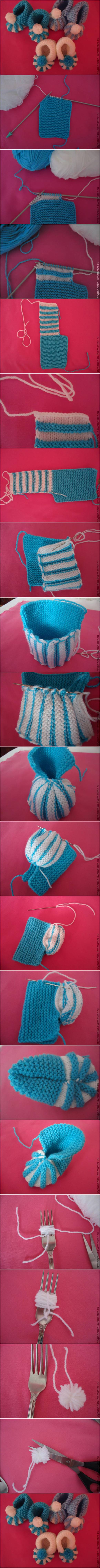 How to DIY Cute Pom-pom Decorated Knitted Baby Booties