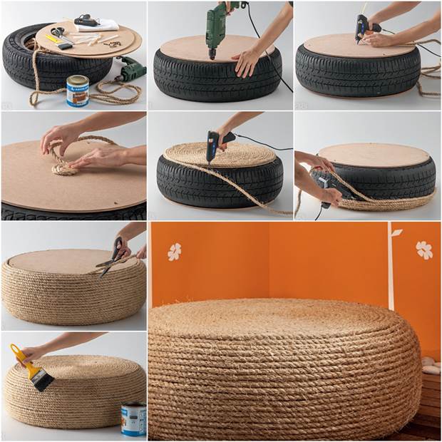 How to DIY Rope Ottoman from Old Tire