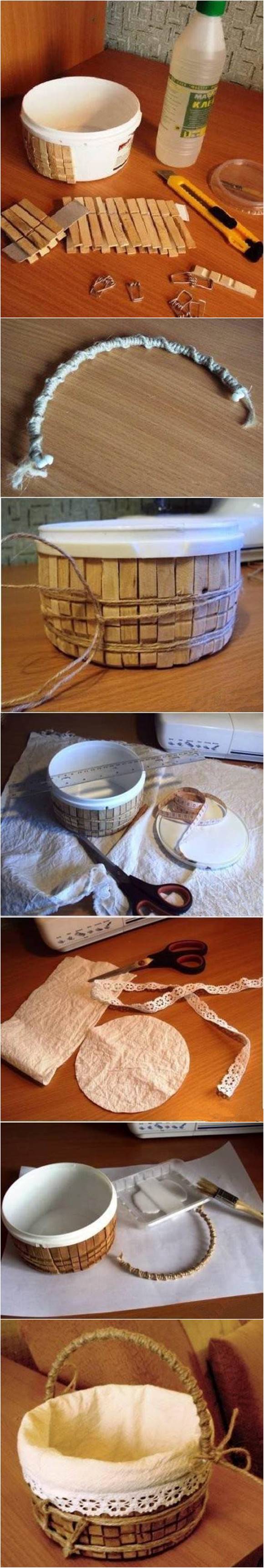 How to DIY Storage Basket from Plastic Container and Clothespins