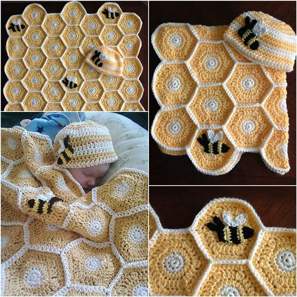 DIY Handmade Sweet As Honey Crochet Baby Blanket and Hat Set