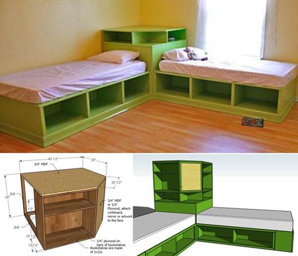 l shaped twin beds with corner table