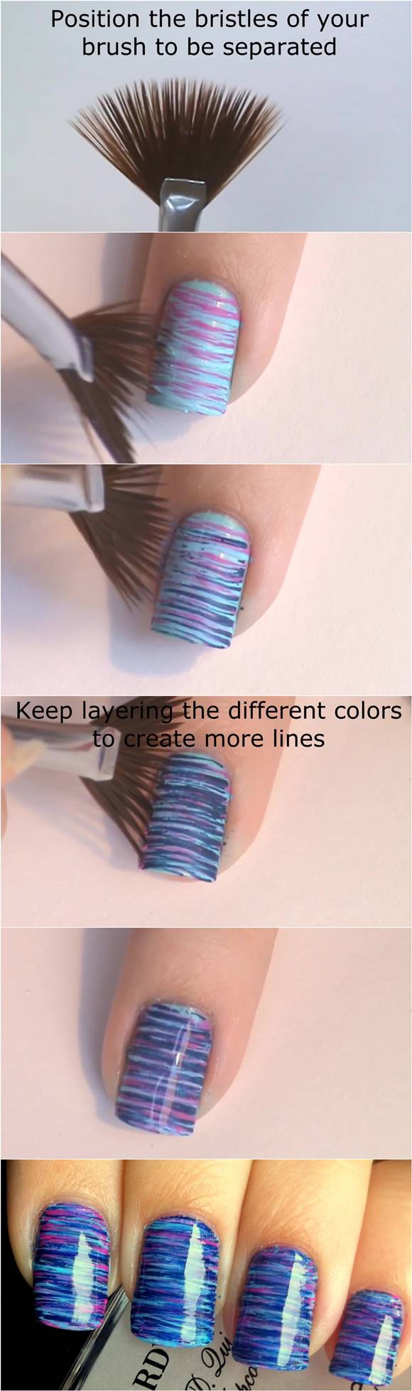 How to DIY Blue and Pink Fan Brush Striped Nail Art