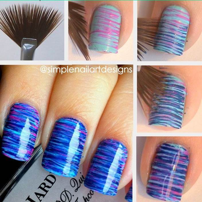 How to DIY Blue and Pink Fan Brush Striped Nail Art