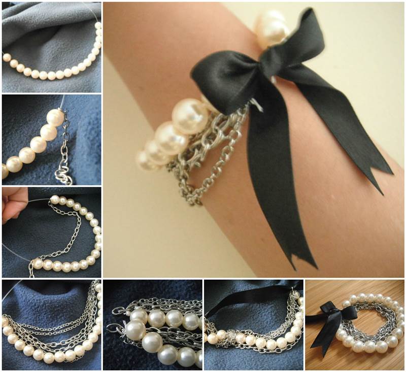 Creative Ideas - DIY Chained Pearl Ribbon Bow Bracelet
