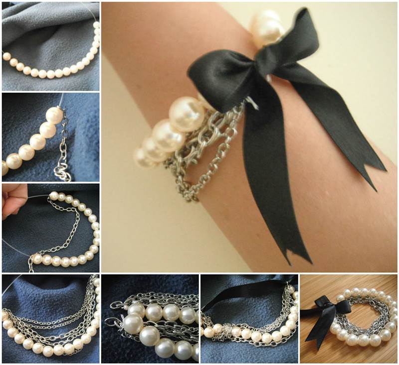 Creative Ideas DIY Chained Pearl Ribbon Bow Bracelet