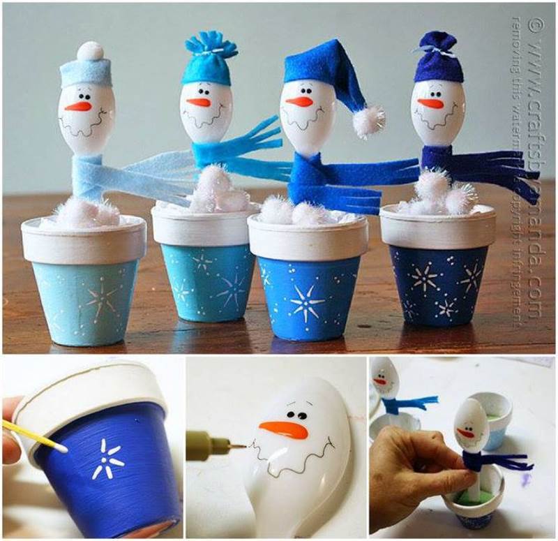 Creative Ideas - DIY Plastic Spoon Snowmen in Clay Pots