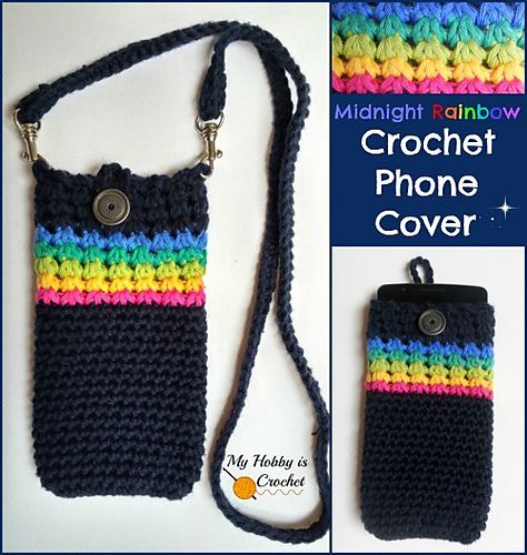 30 Stylish DIY Crochet Phone Cases --> Midnight Rainbow Crochet Phone Cover with Detachable Strap