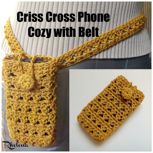 30 Stylish DIY Crochet Phone Cases --> Criss Cross Phone Cozy with Belt