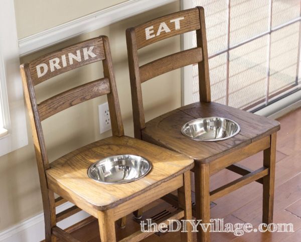 20+ Creative Ideas and DIY Projects to Repurpose Old Furniture --> DIY Dog Bowl Chairs As Elevated Feeding Station