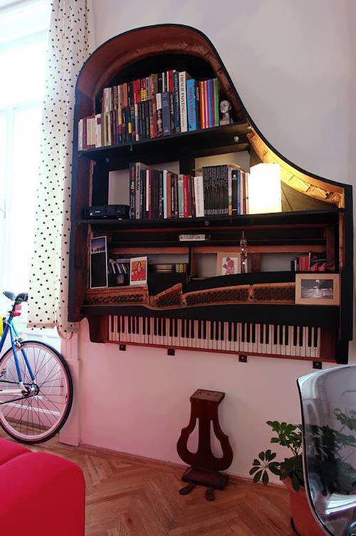 20+ Creative Ideas and DIY Projects to Repurpose Old Furniture --> Grand Piano Bookshelf