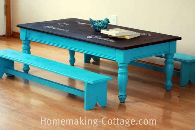 20+ Creative Ideas and DIY Projects to Repurpose Old Furniture --> DIY Kid’s Chalkboard Table with Mini Benches