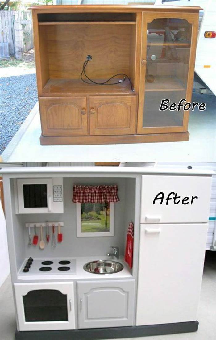 20+ Creative Ideas and DIY Projects to Repurpose Old Furniture --> Repurpose an Old Entertainment Center into a Play Kitchen