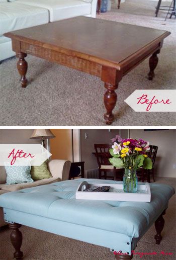 20+ Creative Ideas and DIY Projects to Repurpose Old Furniture --> DIY Tufted Ottoman from a Coffee Table