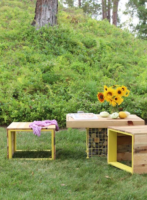 DIY Pallet Wood Bench and Gabion Table