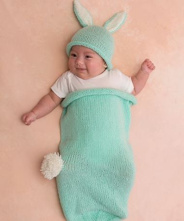 35+ Adorable Crochet and Knitted Baby Cocoon Patterns --> Cottontail Bunny Cocoon & Hat Knitting Pattern