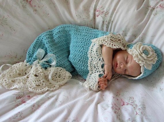 35+ Adorable Crochet and Knitted Baby Cocoon Patterns --> Seaside Cottage Snuggle Crochet Baby Cocoon and Hat