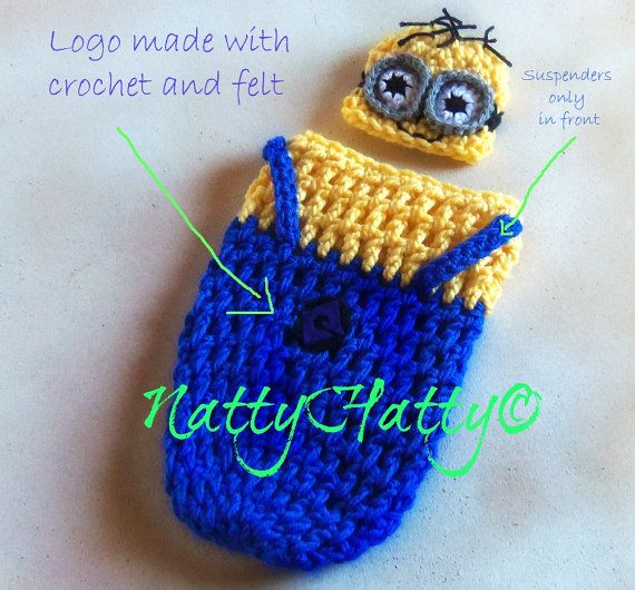 35+ Adorable Crochet and Knitted Baby Cocoon Patterns --> Despicable Me Minion For boy Crochet Hat, cocoon and bow