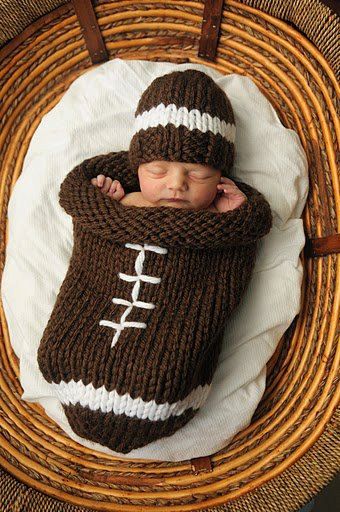 35+ Adorable Crochet and Knitted Baby Cocoon Patterns --> Knitted Football Cocoon and Hat