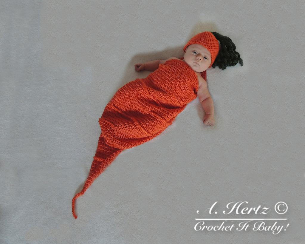 35+ Adorable Crochet and Knitted Baby Cocoon Patterns --> Carrot Cocoon and Hat