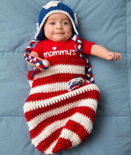 35+ Adorable Crochet and Knitted Baby Cocoon Patterns --> Patriotic Baby Cocoon & Hat Crochet
