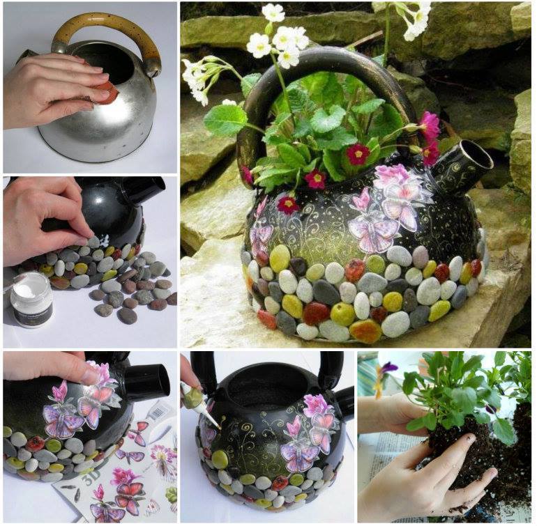 40+ Creative DIY Garden Containers and Planters from Recycled Materials --> DIY Recycled Kettle Planter