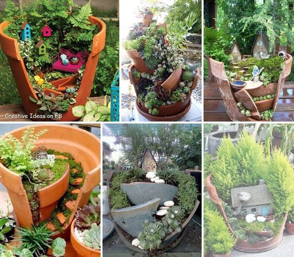 40+ Creative DIY Garden Containers and Planters from Recycled Materials --> Broken Pots Mini Fairy Garden