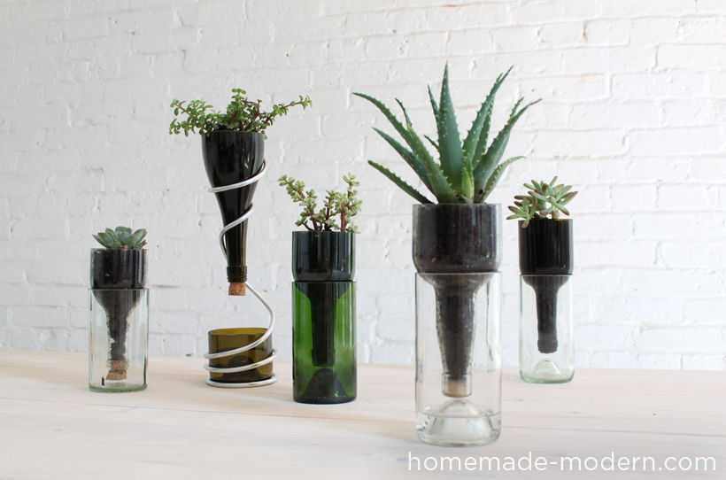 40+ Creative DIY Garden Containers and Planters from Recycled Materials --> DIY Wine Bottle Desktop Planters