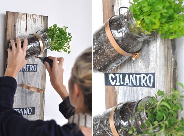 20+ Creative DIY Vertical Gardens For Your Home --> DIY Mason Jar Herb Garden