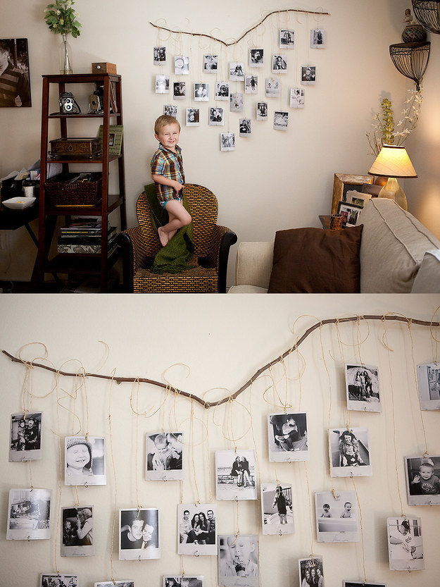 35+ Creative DIY Ways to Display Your Family Photos --> Fallen Branch Photo Wall