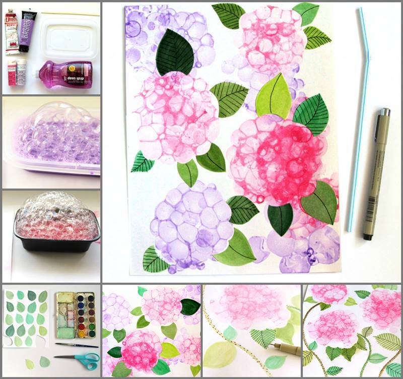 Creative Ideas - DIY Pretty Bubble Paint Flower Hydrangeas Drawing