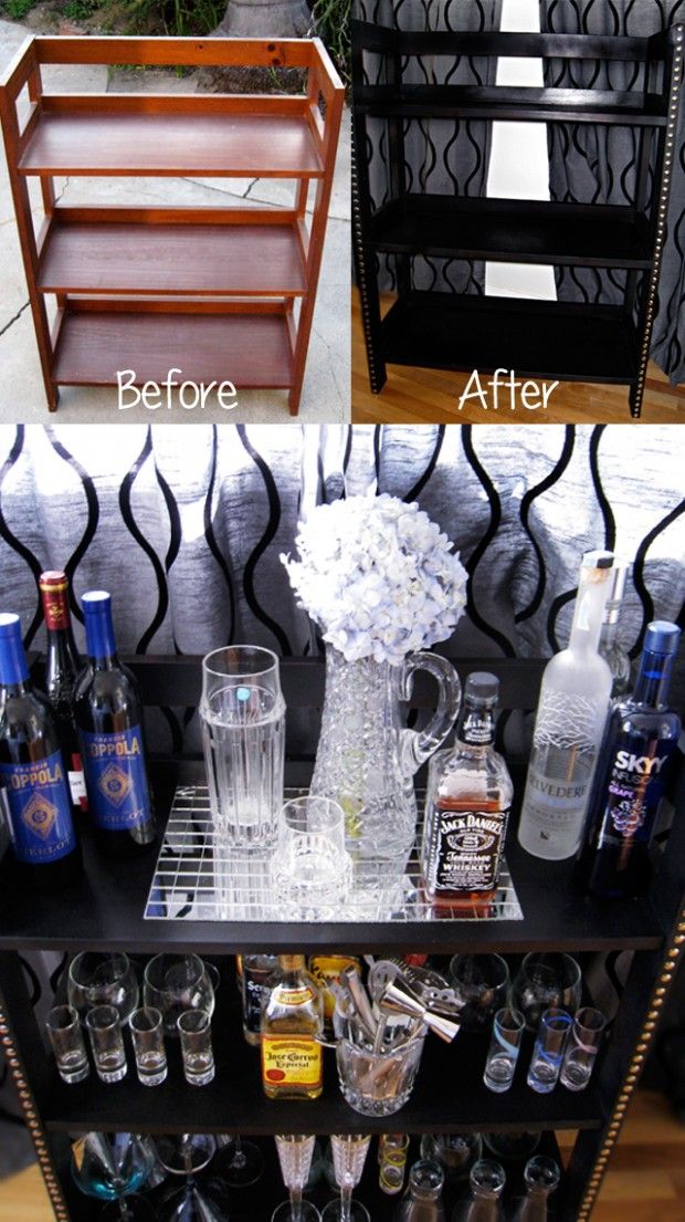 30+ Creative DIY Wine Bars for Your Home and Garden --> DIY Turn Wood Shelves Into A Chic Mini Bar