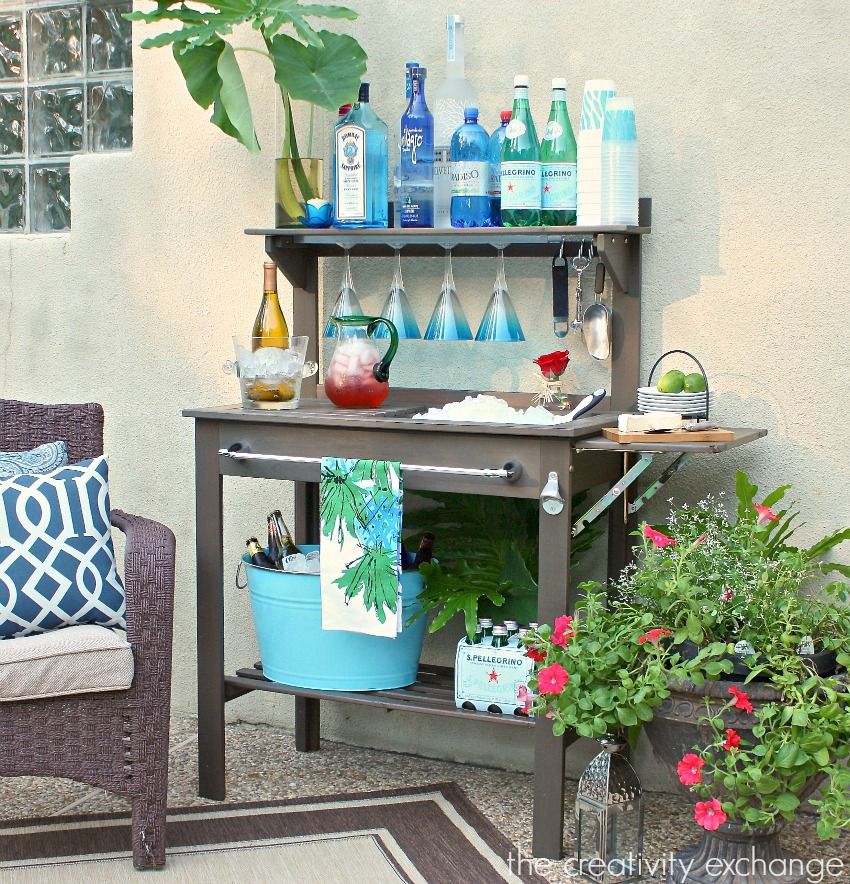 30+ Creative DIY Wine Bars for Your Home and Garden --> Potting Bench Turned Outdoor Bar
