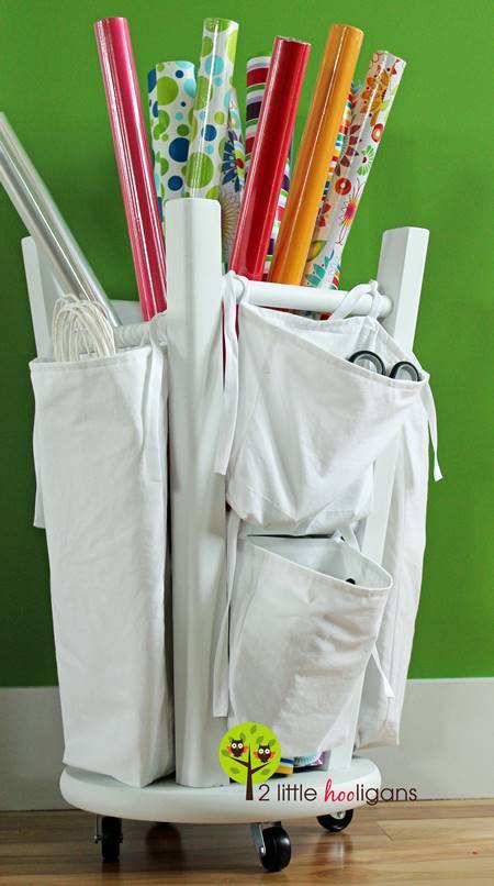 Creative Storage Hacks For an Organized Home --> DIY Wrapping Paper Organizer from an Old Kitchen Stool Turned Upside Down