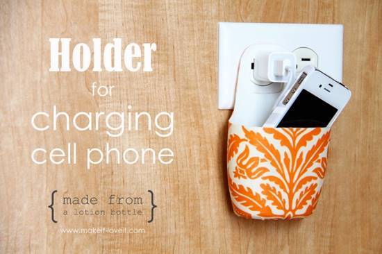Creative Storage Hacks For an Organized Home --> Make a Cell Phone Charging Holder from Lotion Bottle