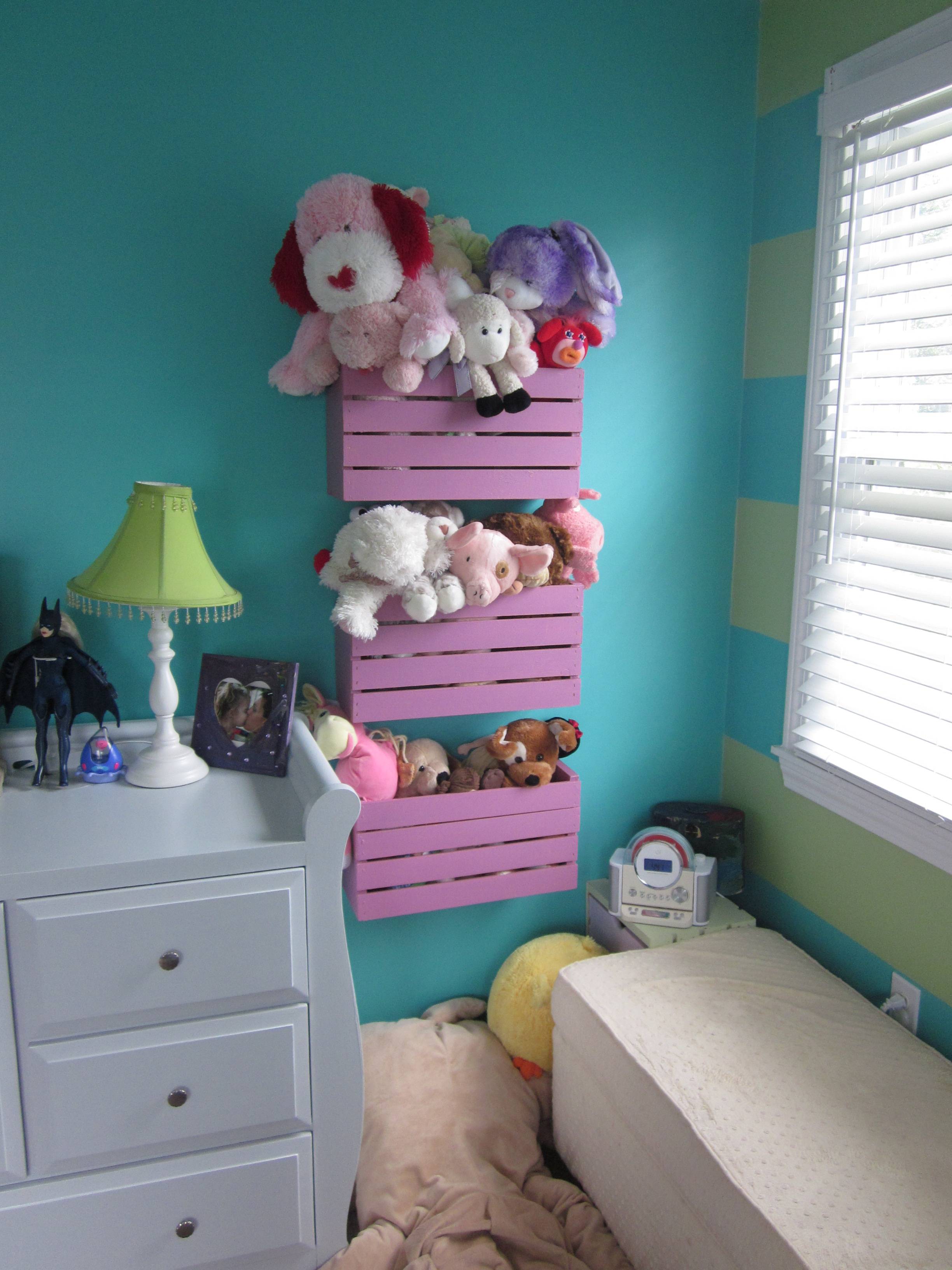 20+ Creative DIY Ways to Organize and Store Stuffed Animal Toys --> Crates Mounted on the Wall as Storage Bins for Stuffed Animals