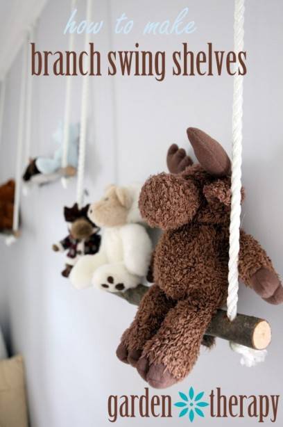 20+ Creative DIY Ways to Organize and Store Stuffed Animal Toys --> DIY Branch Swing Shelves for Stuffed Toys