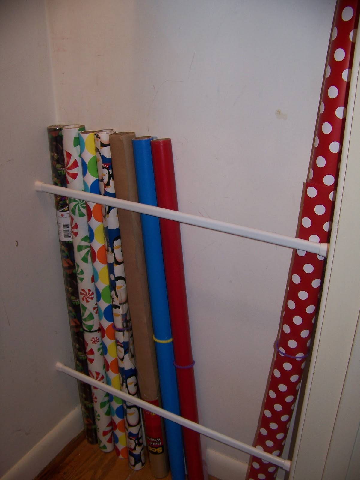 20+ Creative Uses of Tension Rods to Organize Your Home --> Use Tension Rod to Store Wrapping Paper Vertically and Keep Them Organized in the Closet