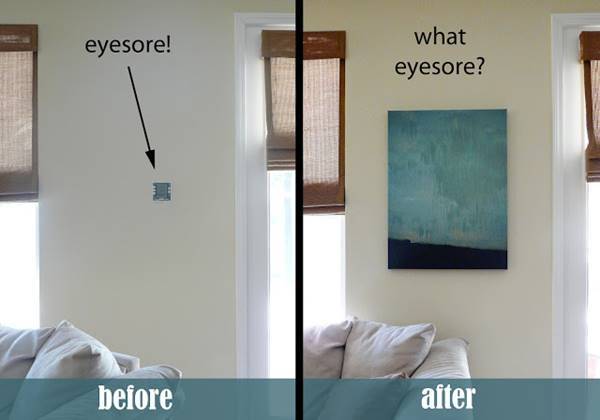 Creative Ways to Hide The Eyesores Around Your Home --> Cover up your alarm box or thermostat with a canvas on hinges