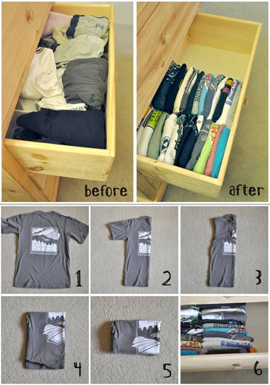 35+ Useful Clothing Hacks Every Woman Should Know --> How to fold and organize your t-shirts in the drawer