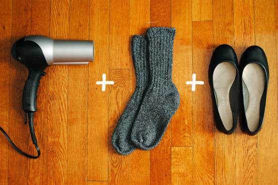 35+ Useful Clothing Hacks Every Woman Should Know --> Stretch out tight shoes by putting them on with socks and blow with a hot hairdryer