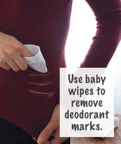 35+ Useful Clothing Hacks Every Woman Should Know --> Use baby wipes to remove deodorant stains