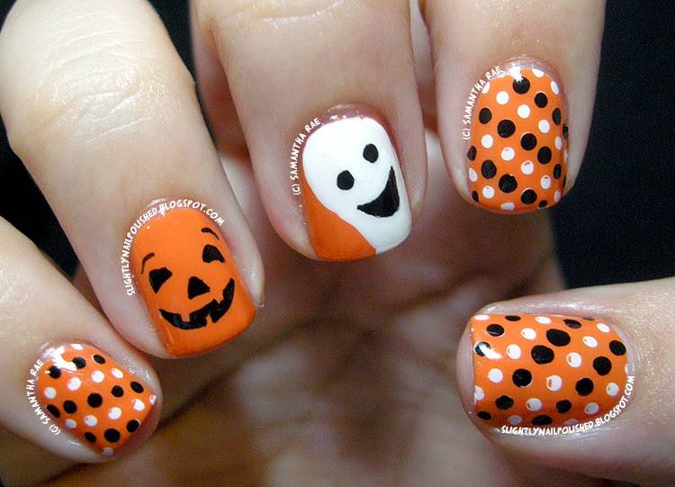 40+ Spooky and Creative DIY Halloween Nail Art Ideas --> A Happy Pumpkin and Ghost Nail Art