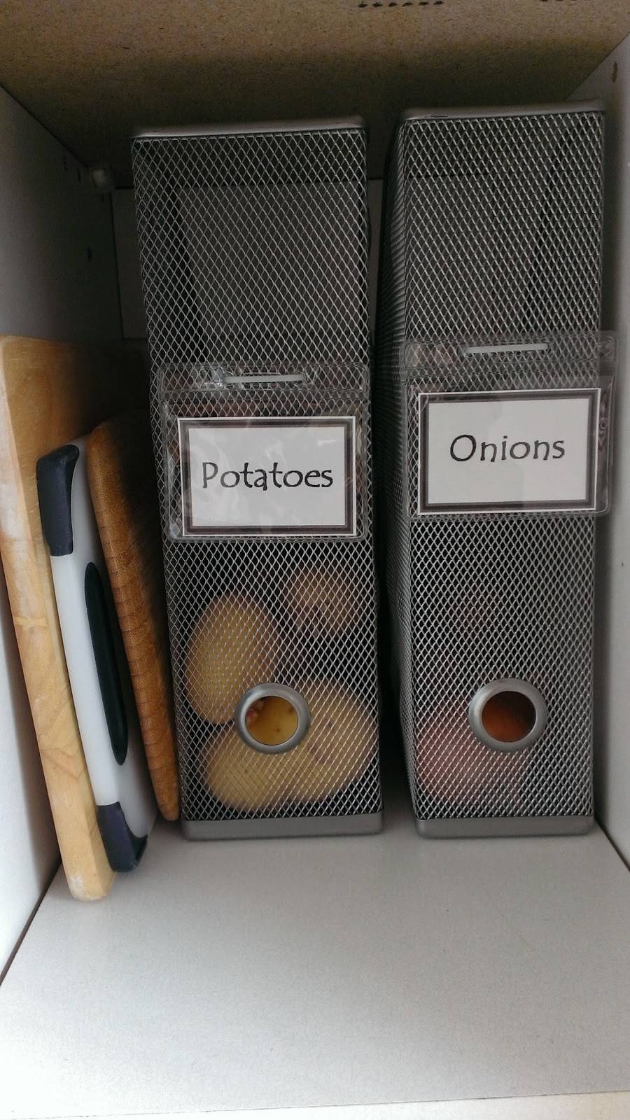 20+ Creative Uses for Magazine Holders to Organize Your Home --> Use mesh magazine holders to corral produce such as potatoes and onions and label them